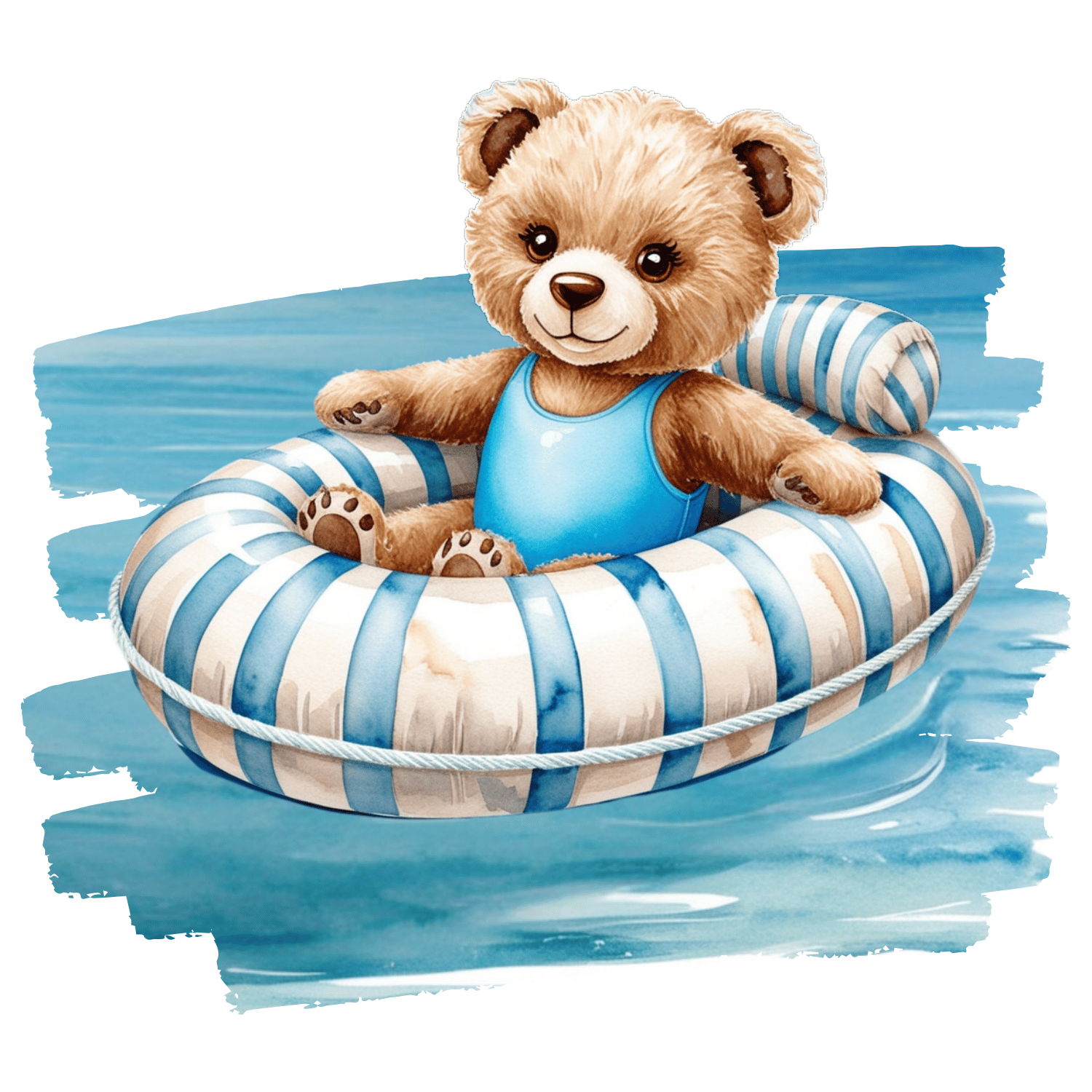 Teddy Bear on Pool Float – Watercolor Clipart (PNG, 300 DPI)