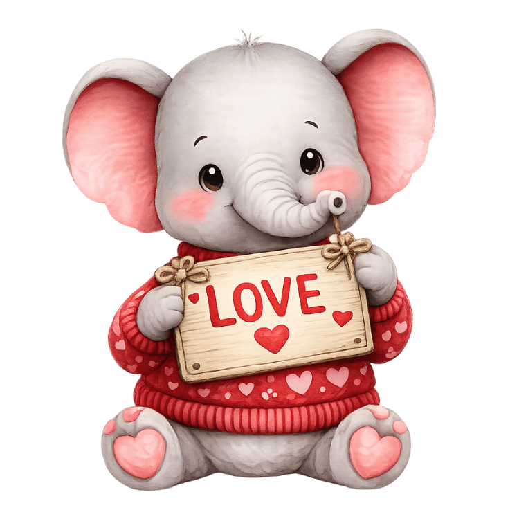 Free Watercolor Valentine Elephant Holding Love Sign Clipart