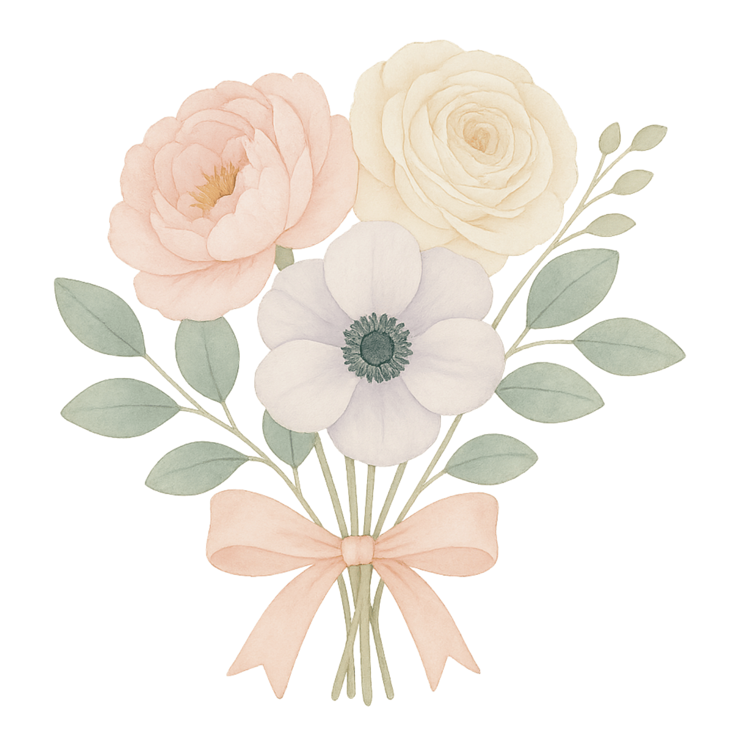 Soft Blush Trio Bouquet Clipart – Peony, Ranunculus & Anemone (PNG, 300 DPI)