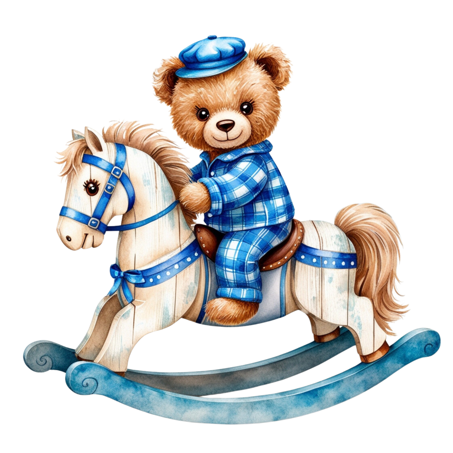 Bear on Wooden Rocking Horse (Plaid Outfit)