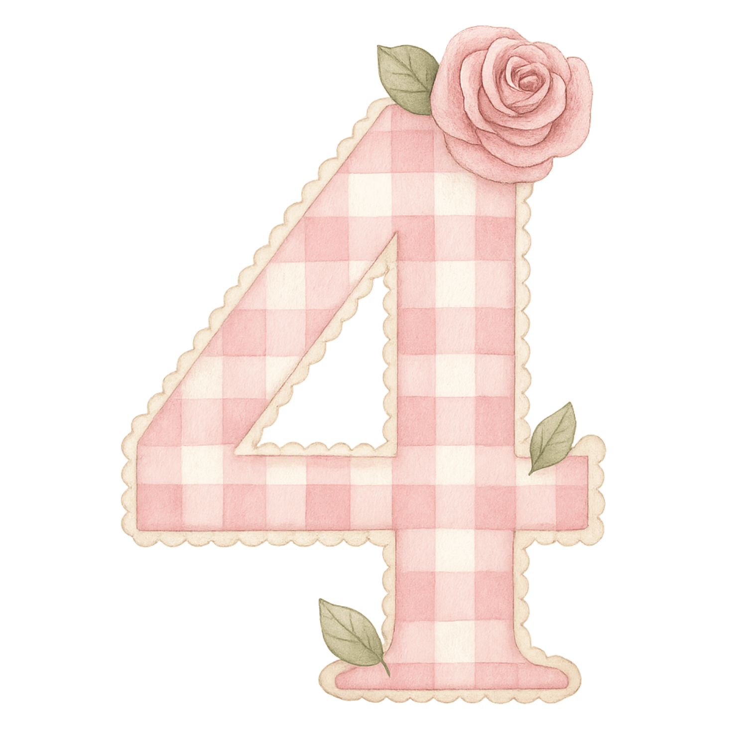 Free Pink Gingham Number 4 Clipart with Rose (PNG, 300 DPI)