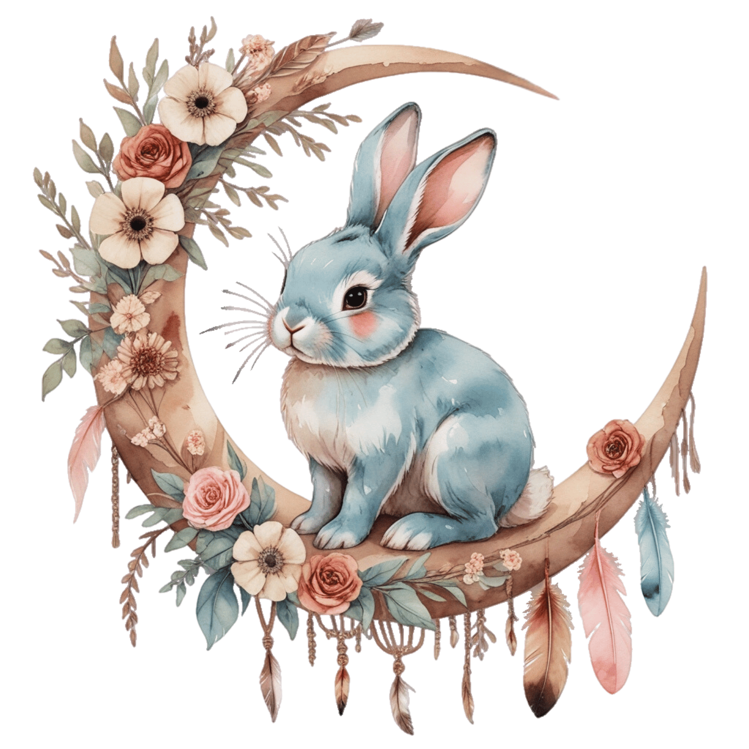 Free Boho Blue Bunny on Crescent Moon Clipart (PNG, 300 DPI)