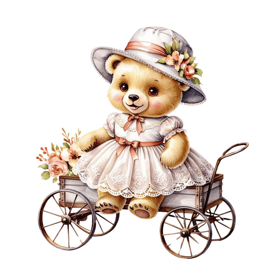Free Vintage Teddy Bear Girl in Flower Wagon Clipart