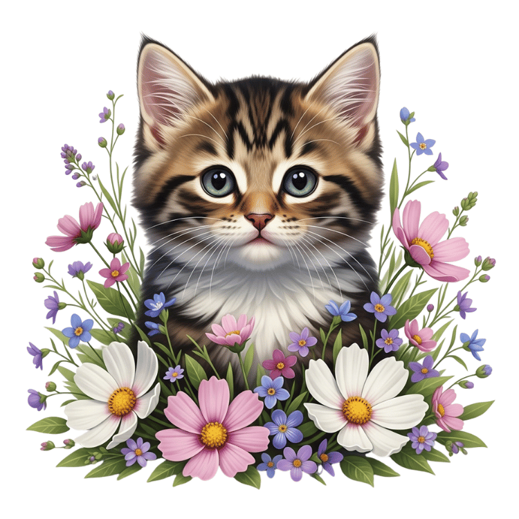 Free Watercolor Kitten in Wildflowers Clipart
