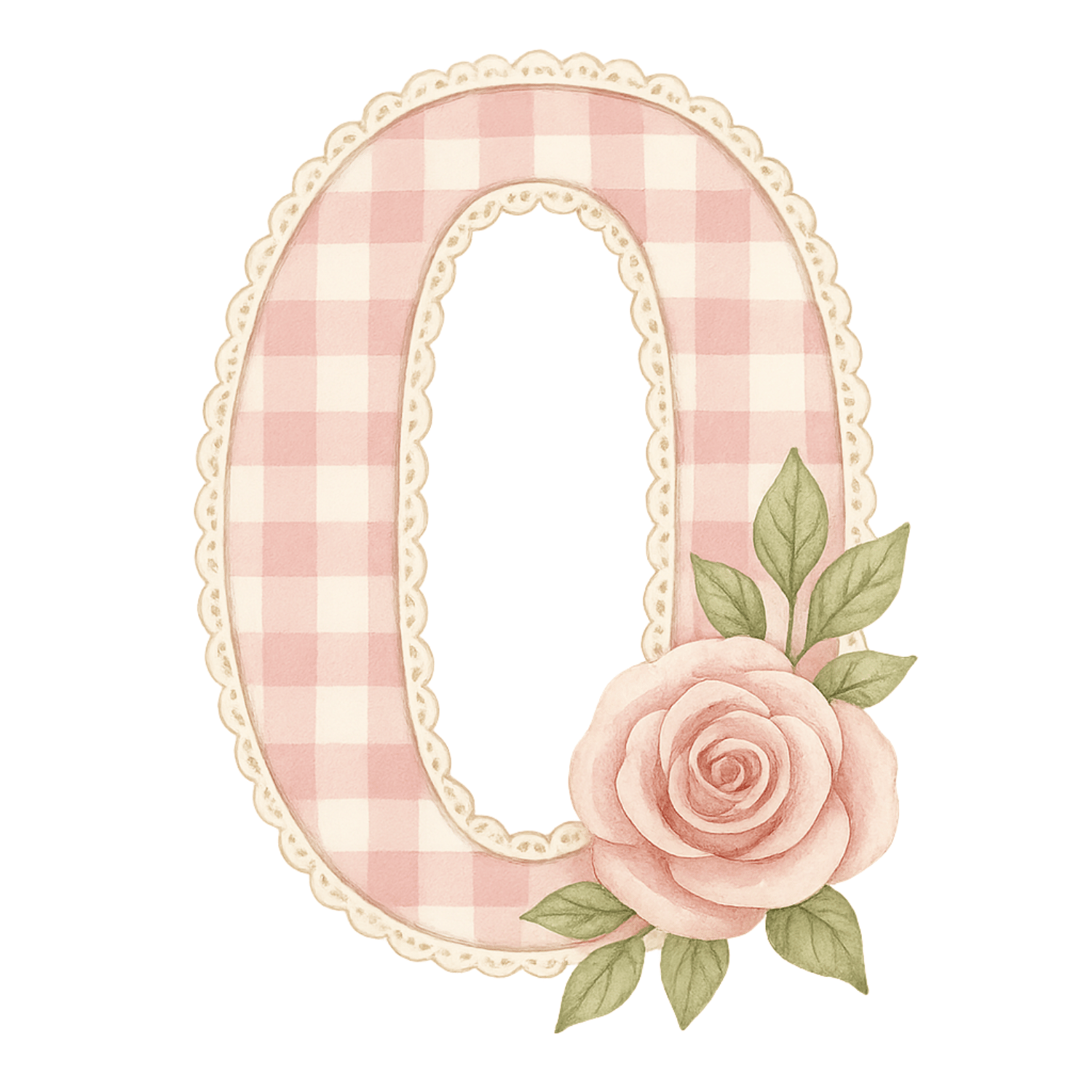 Free Pink Gingham Number 0 Clipart with Roses (PNG, 300 DPI)