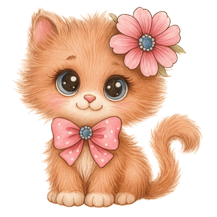 Free Fluffy Kitten Clipart with Pink Bow and Flower