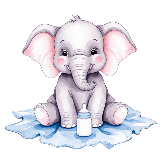 Free Watercolor Baby Elephant with Baby Bottle Clipart