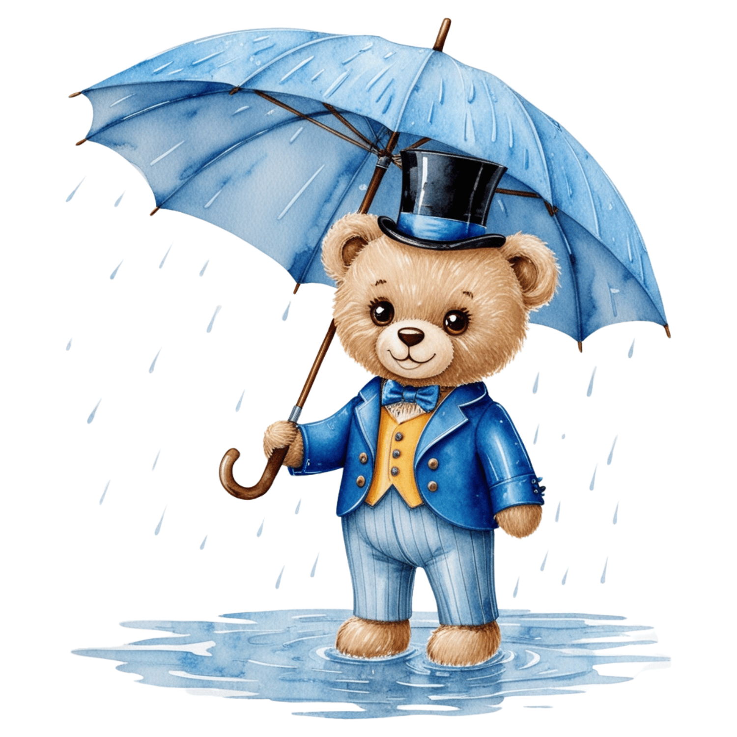 Teddy Bear with Umbrella – Watercolor Clipart (PNG, 300 DPI)