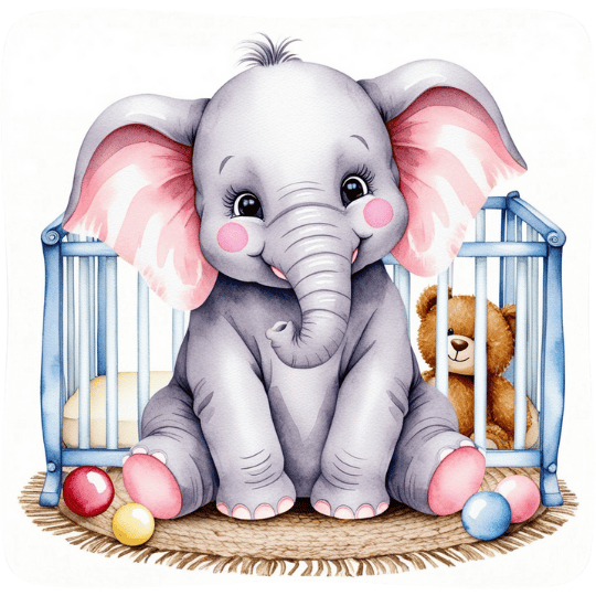 Free Watercolor Baby Elephant Nursery Clipart with Blue Crib