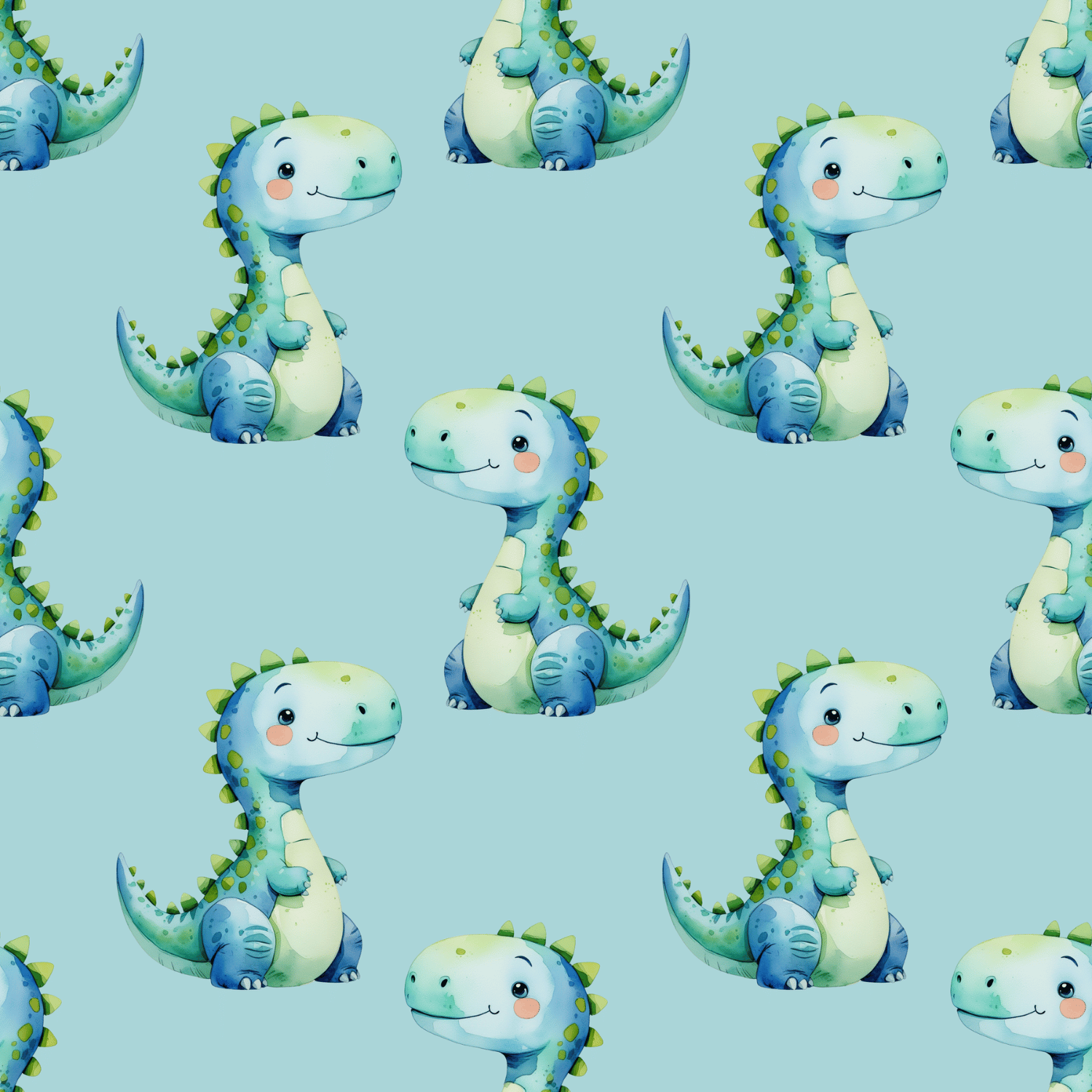 Free Blue & Green Watercolor Dinosaur Seamless Pattern (JPG/PNG, 300 DPI) | Free Download