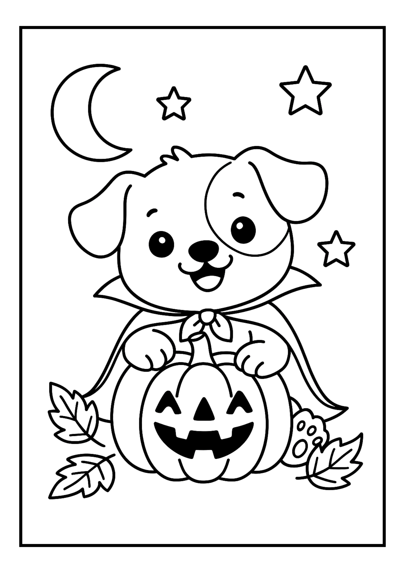 Free Halloween Puppy Coloring Pages – Cute Dog with Pumpkins (PDF, 300 DPI)