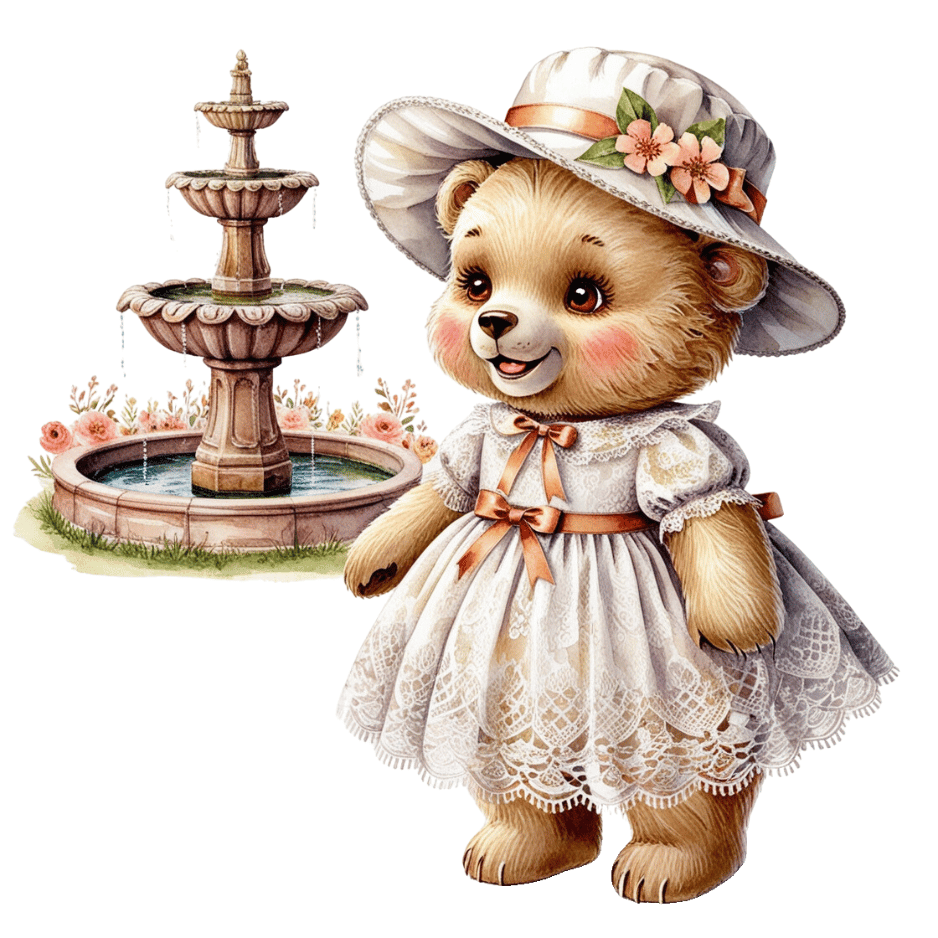 Free Vintage Teddy Bear Girl by Garden Fountain Clipart
