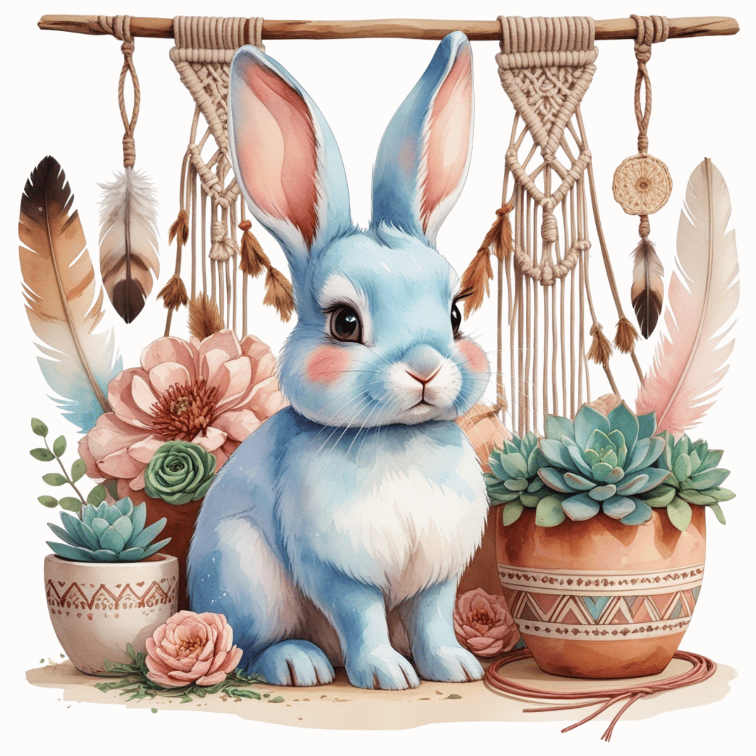 Free Boho Blue Bunny with Macramé & Succulents Clipart (PNG, 300 DPI)