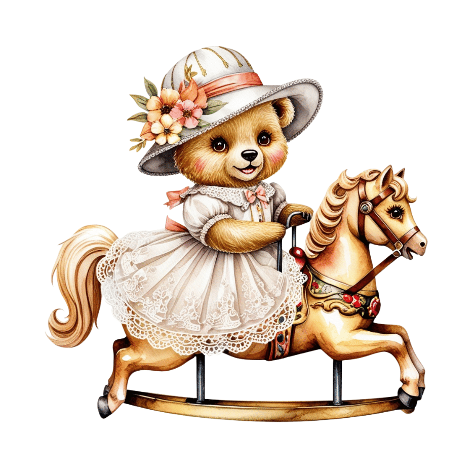 Free Vintage Teddy Bear Girl on Rocking Horse Clipart