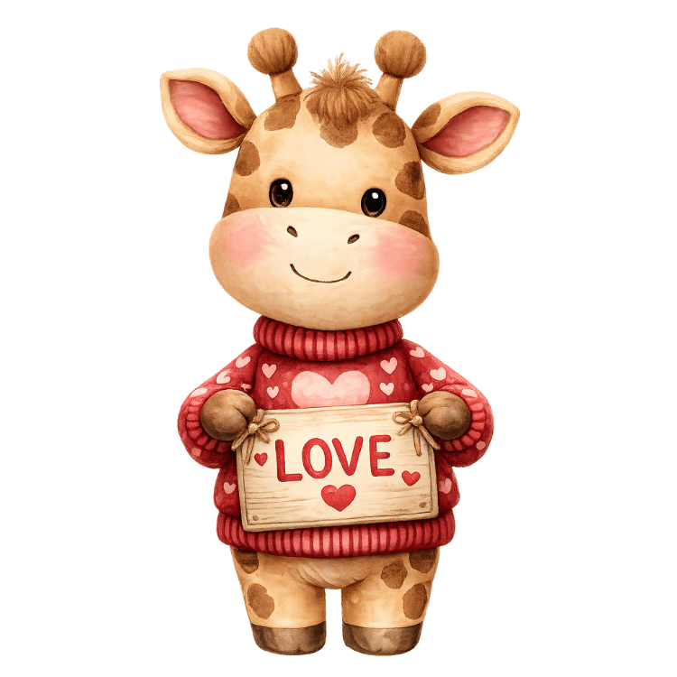 Free Watercolor Valentine Giraffe Holding Love Sign Clipart