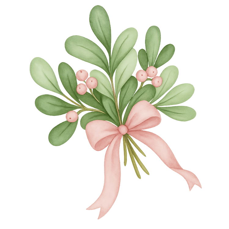 Free Watercolor Mistletoe Bouquet Clipart with Pink Bow
