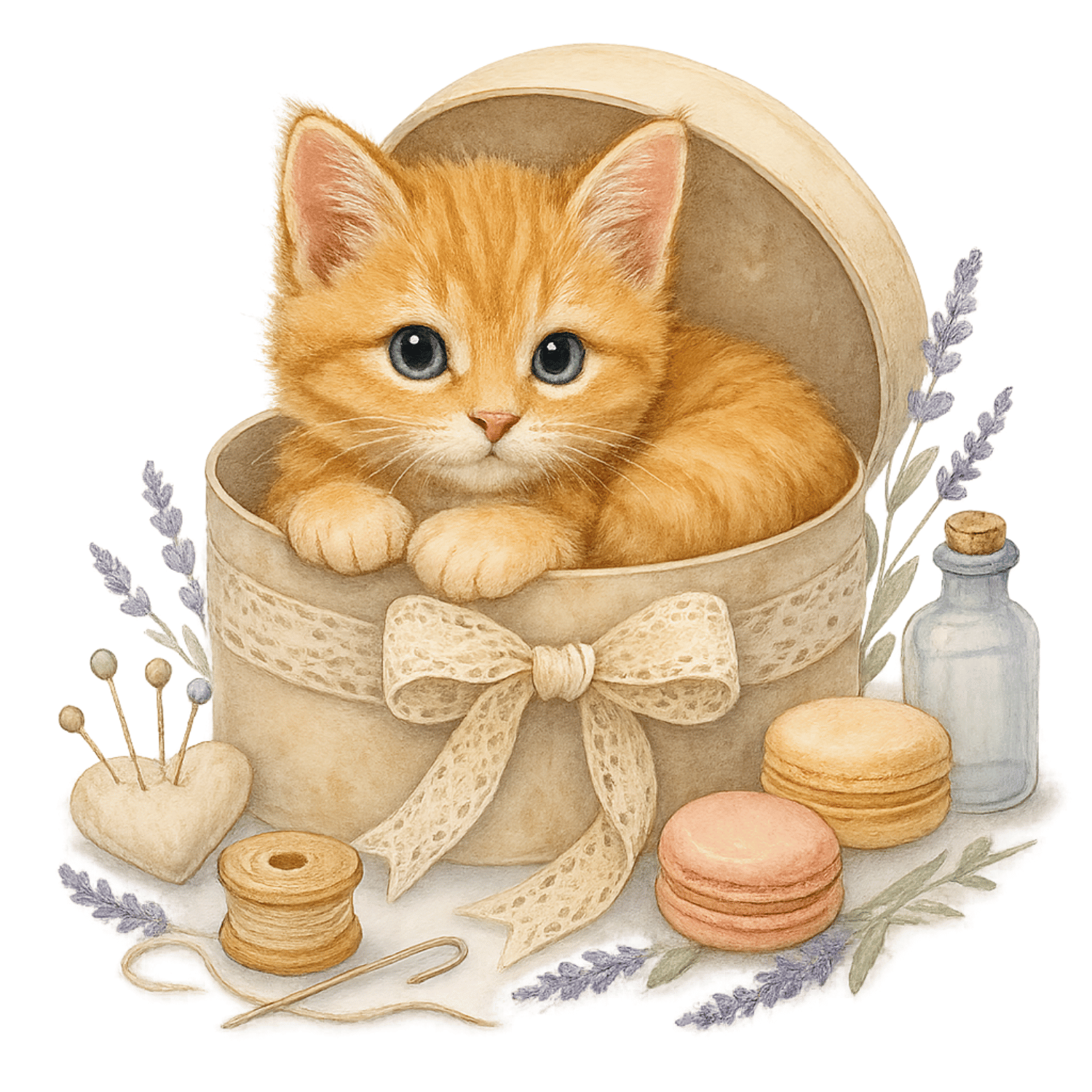 Free Watercolor Ginger Kitten in Lace Gift Box Clipart (PNG, 300 DPI)