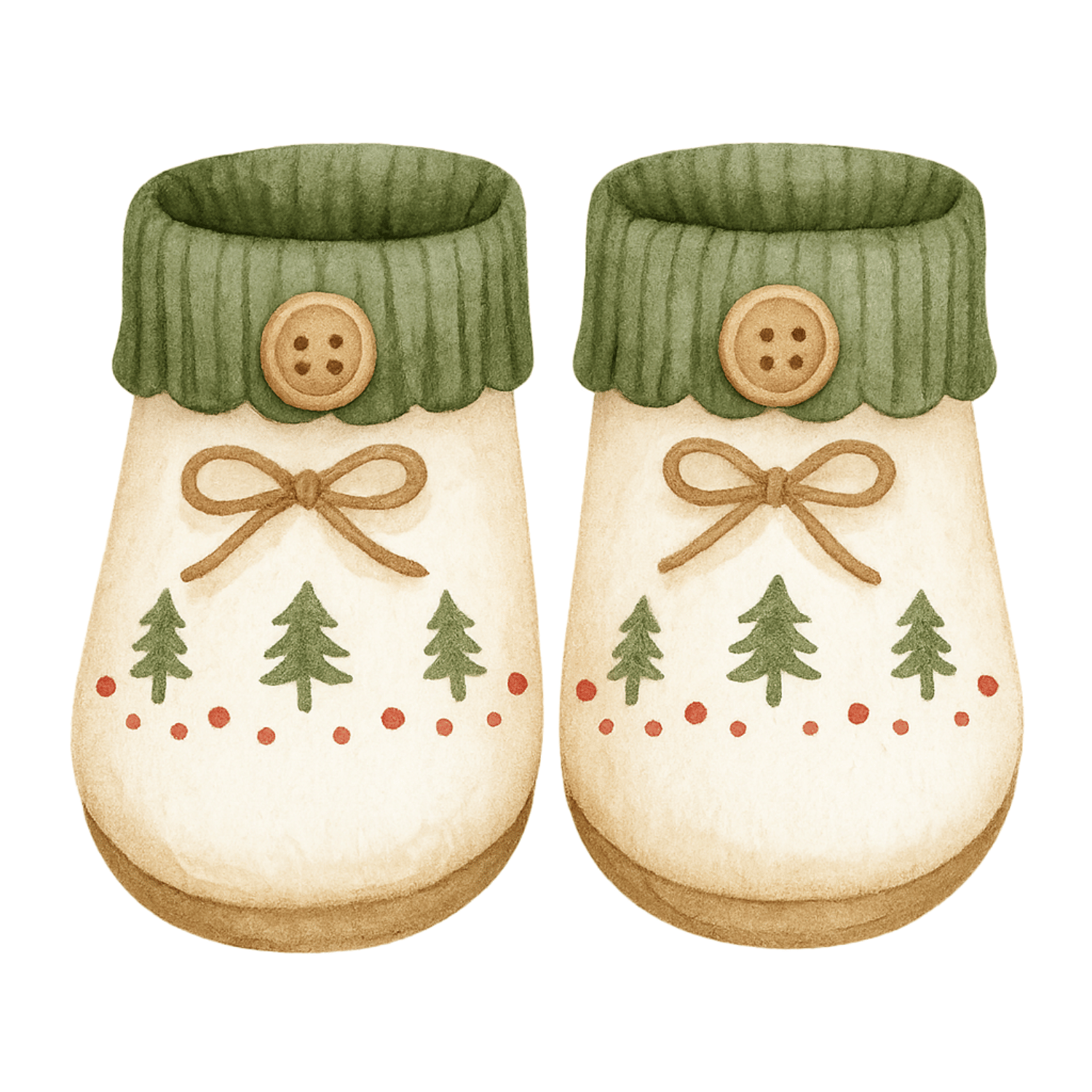 Free Watercolor Baby Christmas Booties Clipart – Cozy Slippers with Pine Trees (PNG, 300 DPI)