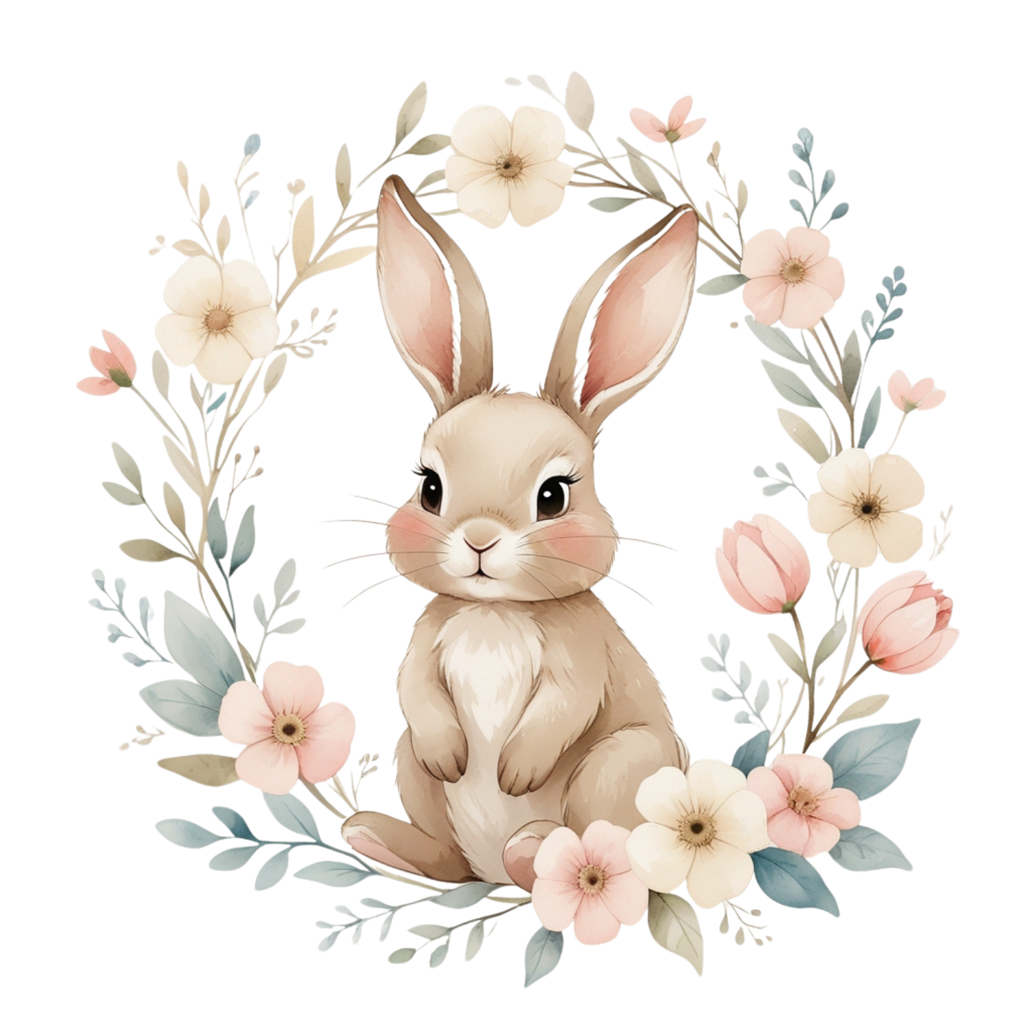 Watercolor Bunny in Floral Wreath