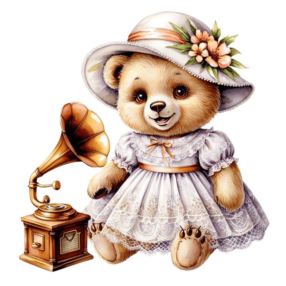 Free Vintage Teddy Bear with Gramophone Clipart