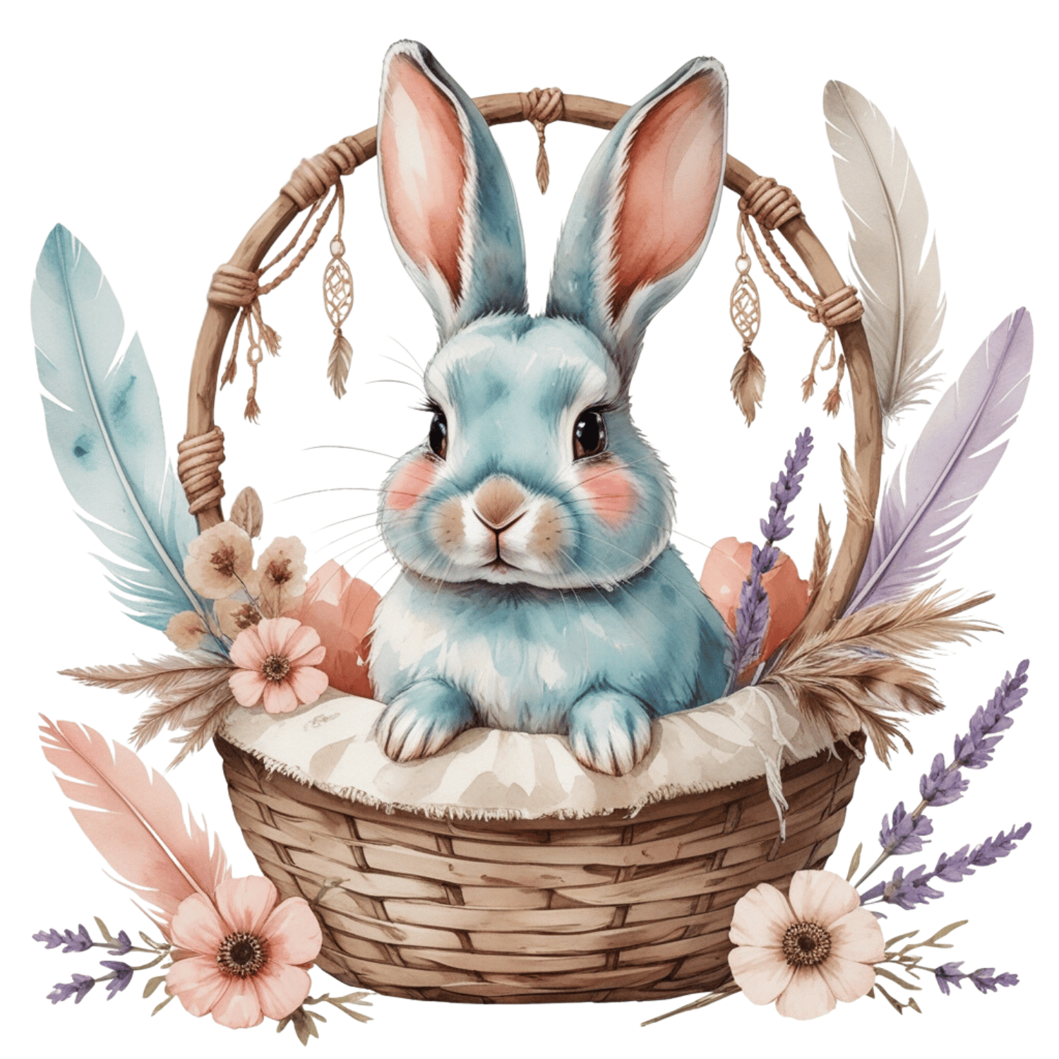 Free Boho Blue Bunny in Basket Clipart (PNG, 300 DPI)
