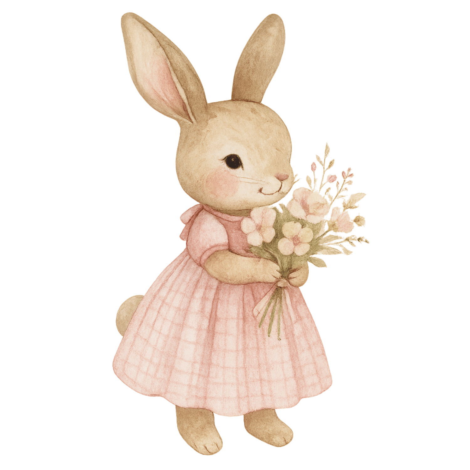 Free Watercolor Bunny with Bouquet Clipart in Pink Gingham Dress (PNG, 300 DPI)