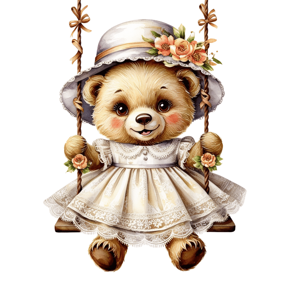 Free Vintage Teddy Bear Girl on Swing Clipart