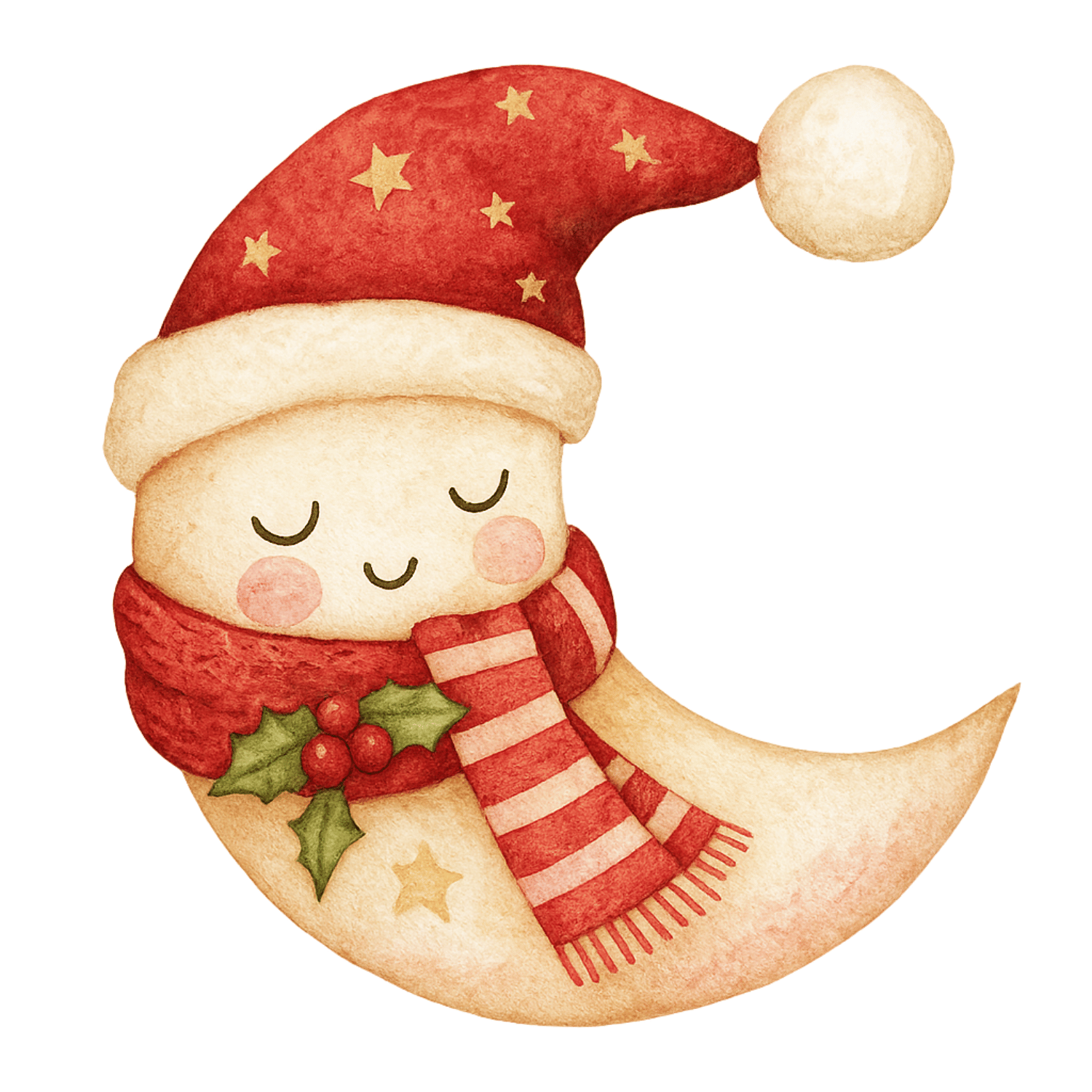 Free Watercolor Crescent Moon with Santa Hat Clipart (PNG, 300 DPI)