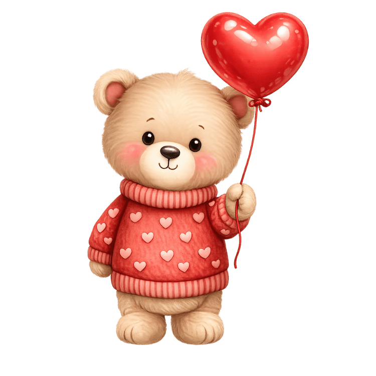 Free Watercolor Valentine Teddy Bear with Heart Balloon Clipart