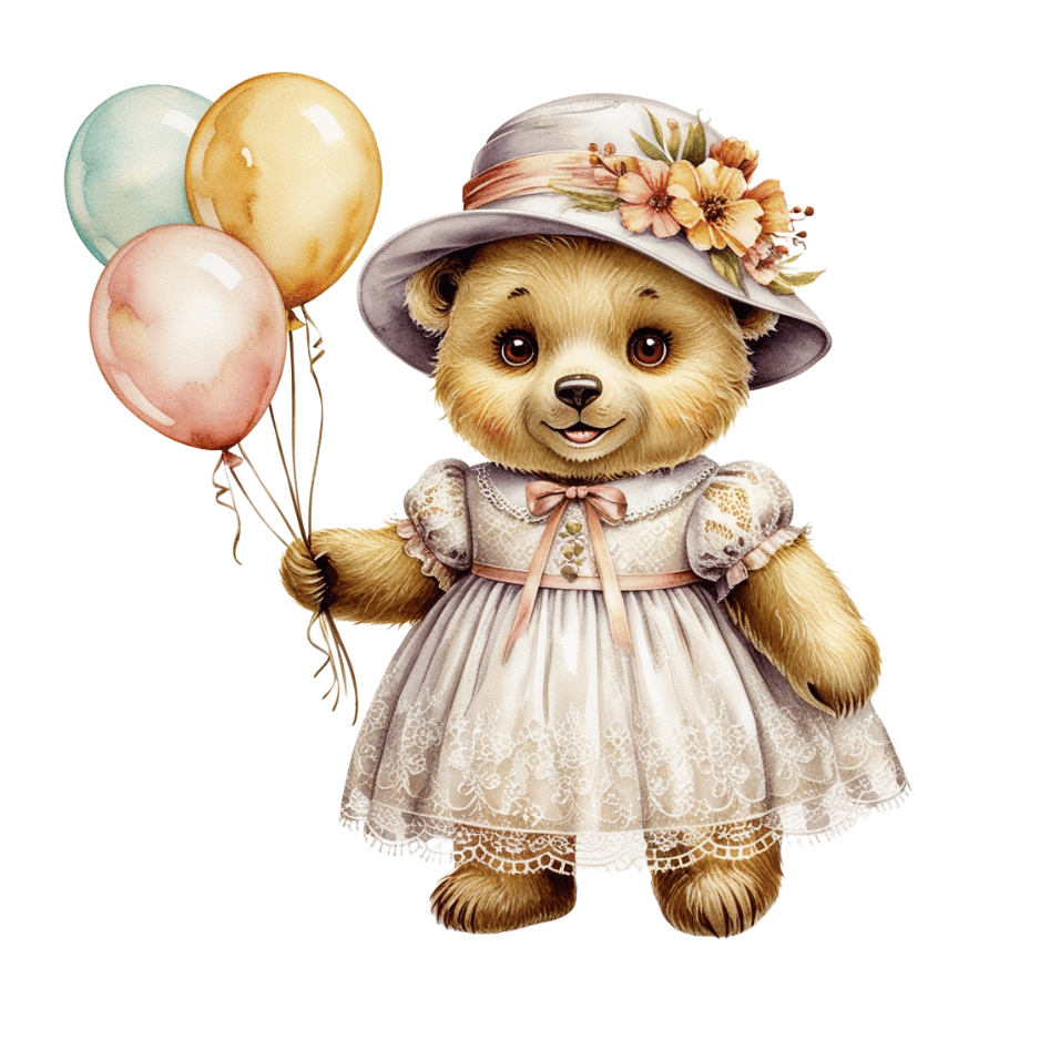 Free Vintage Teddy Bear Girl with Balloons Clipart