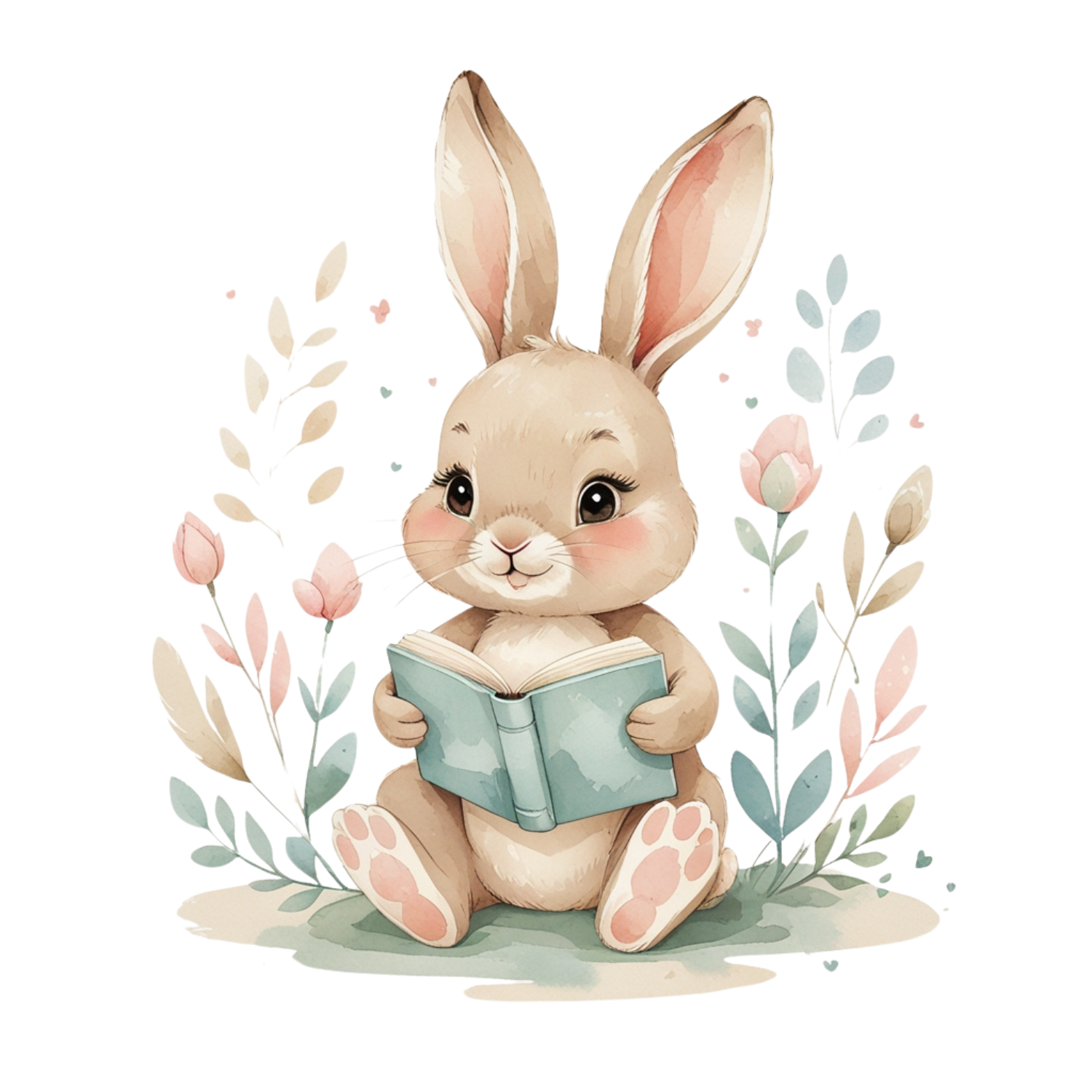 Watercolor Bunny Reading a Book