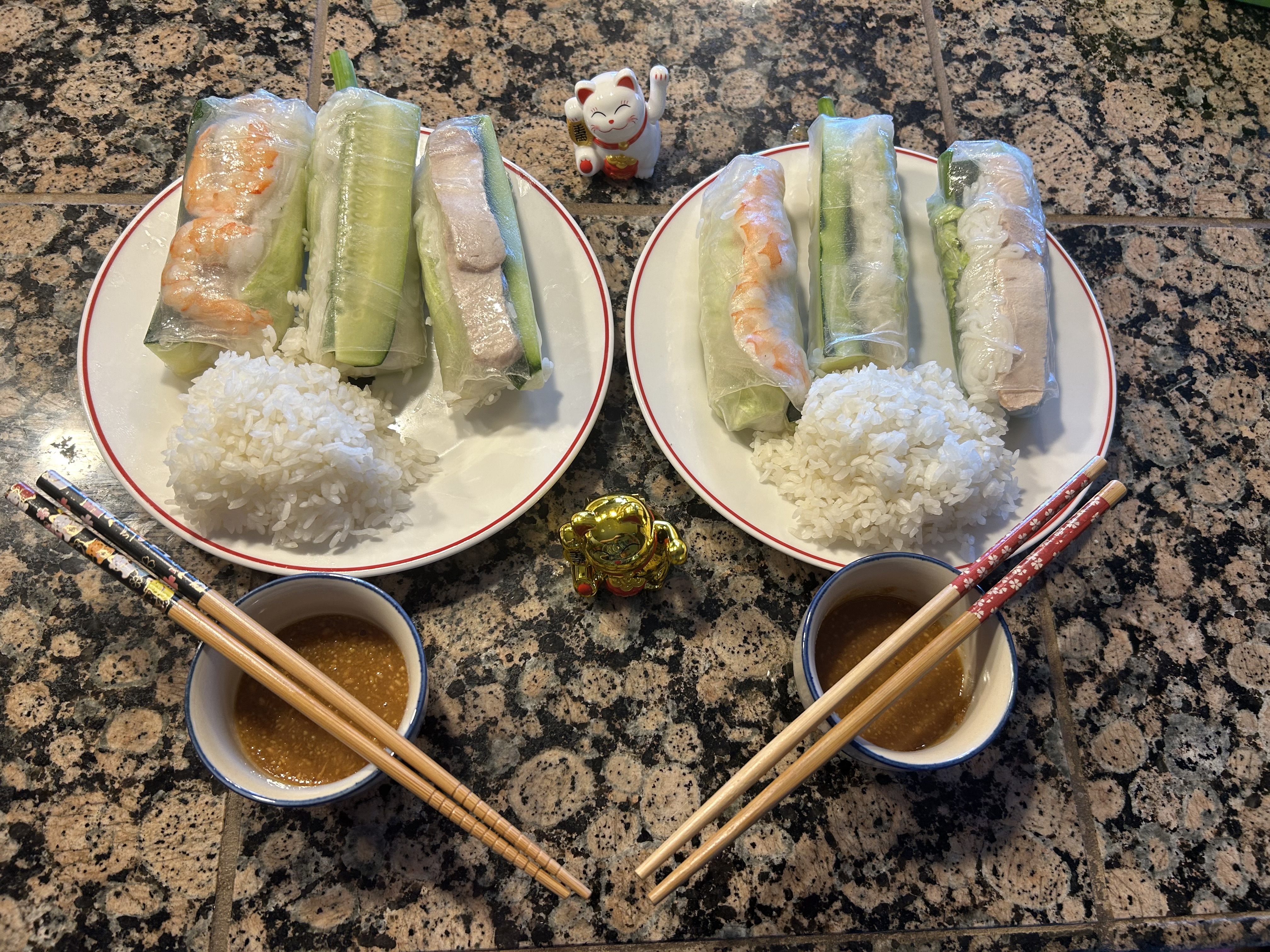 6 Spring Roll W/Two Sides of Premium Rice and 2 small Sauces