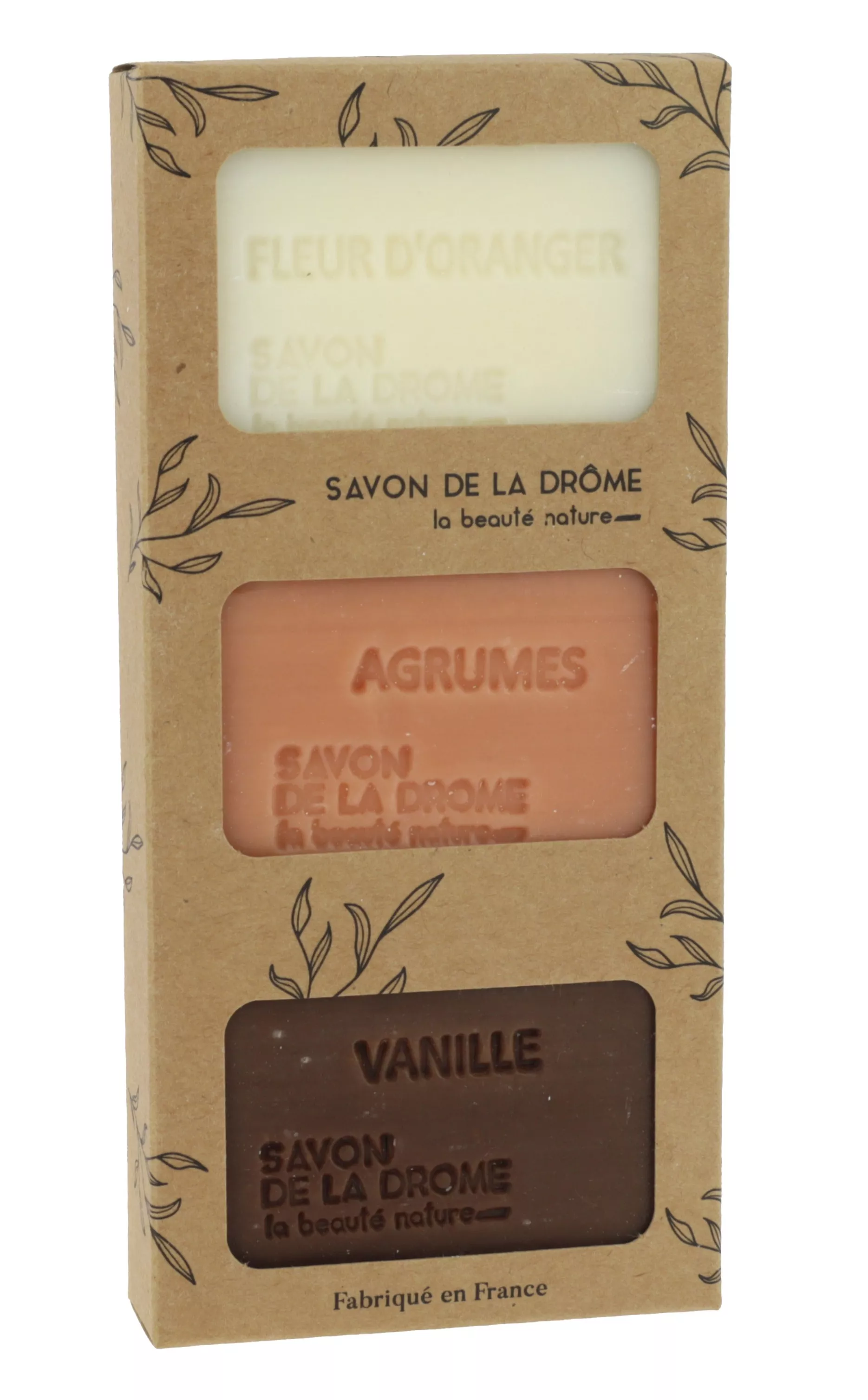 Coffret Savons Karité – Fleur d’Oranger, Agrumes, Vanille – 3 x 100 g | Savonnerie de la Drôme