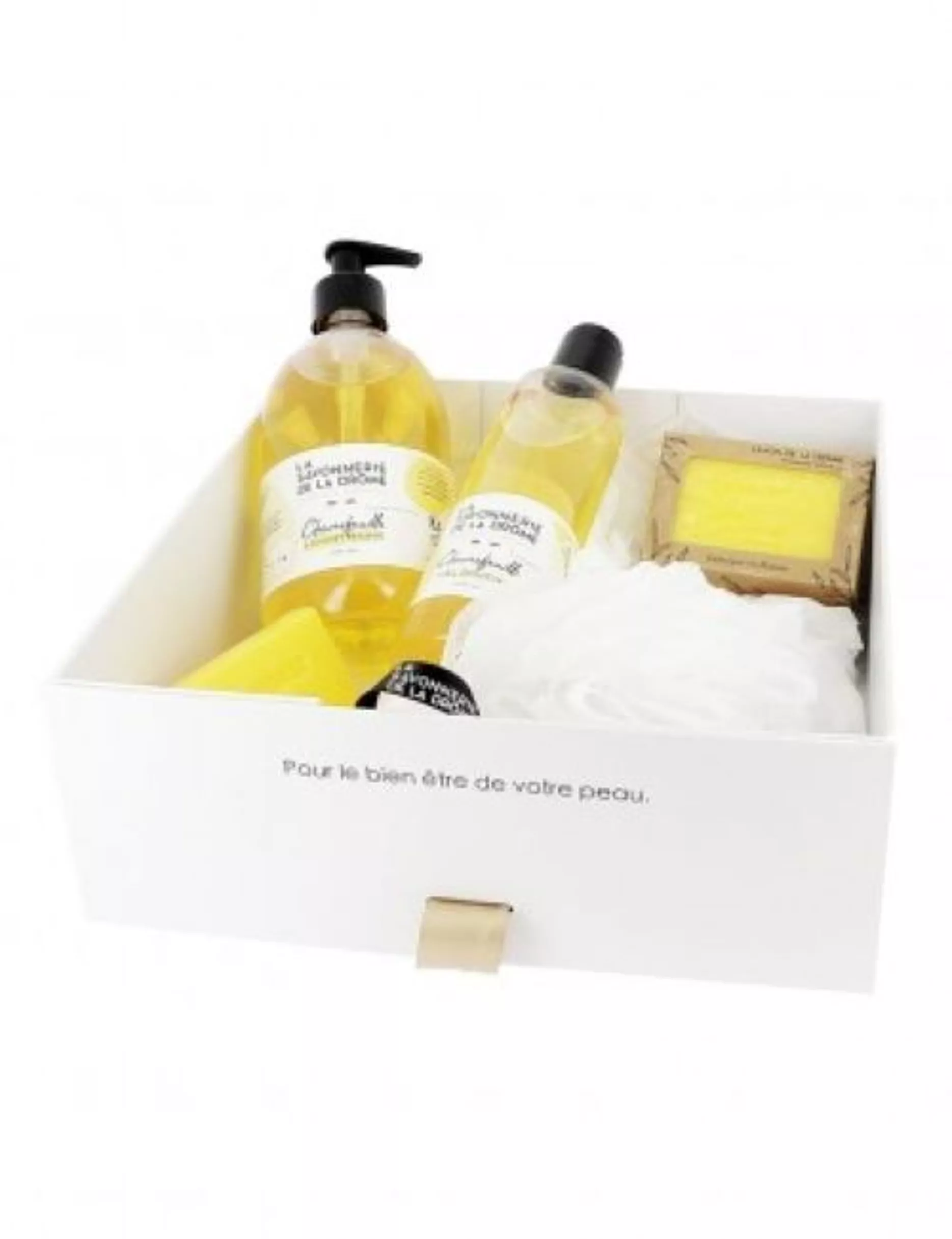 Coffret Chèvrefeuille – Lavant mains 500 ml, Gel douche 250 ml, Savon parfumé 100 g, Eau de toilette 50 ml, Fleur de douche