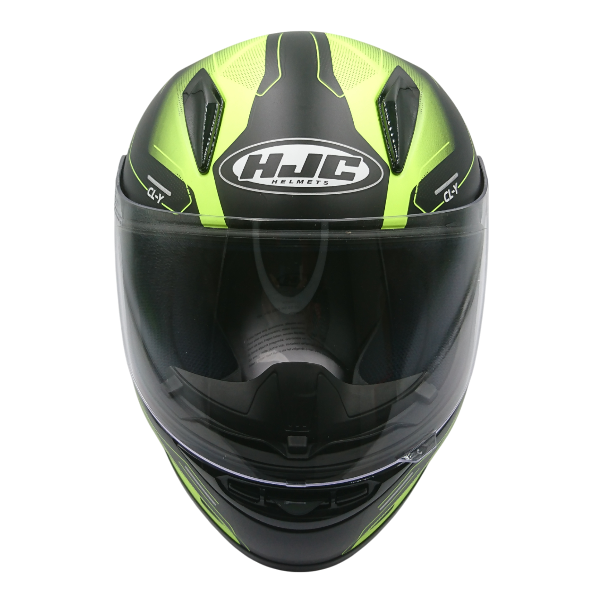 Casco marca HJC para niño, color negro con verde, talla S.