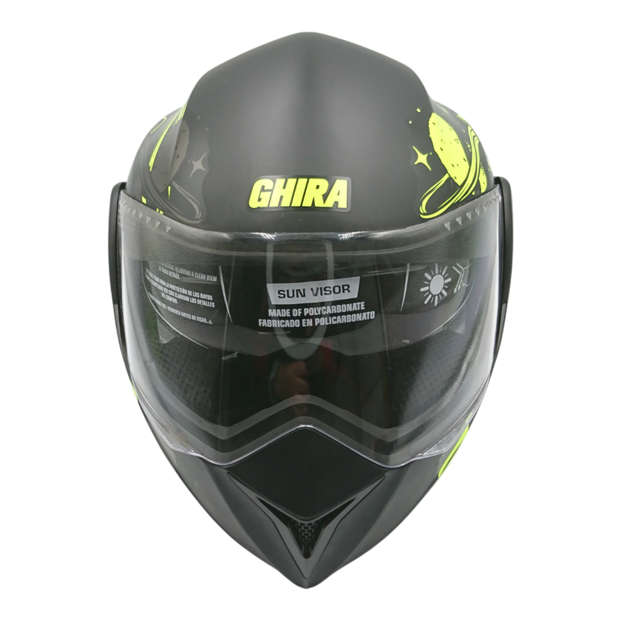 Casco marca Ghira para niño, Abatible color negro con adorno caricatura, talla S.