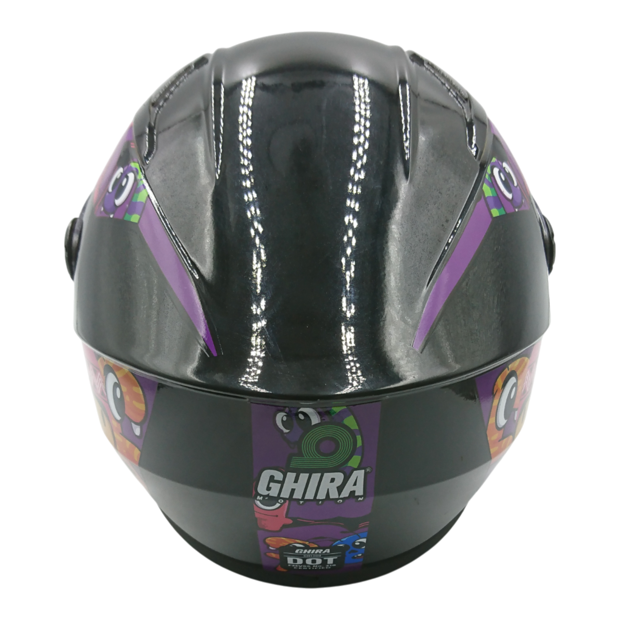 Casco marca Ghira para niño, color negro adorno caricatura, talla S.