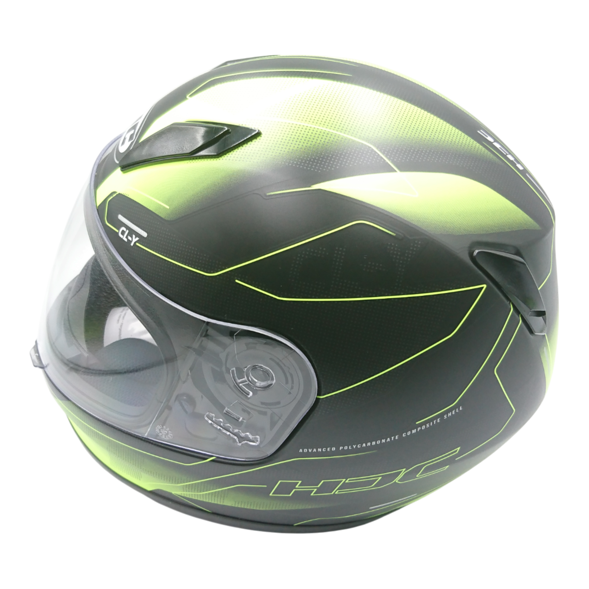 Casco marca HJC para niño, color negro con verde, talla S.