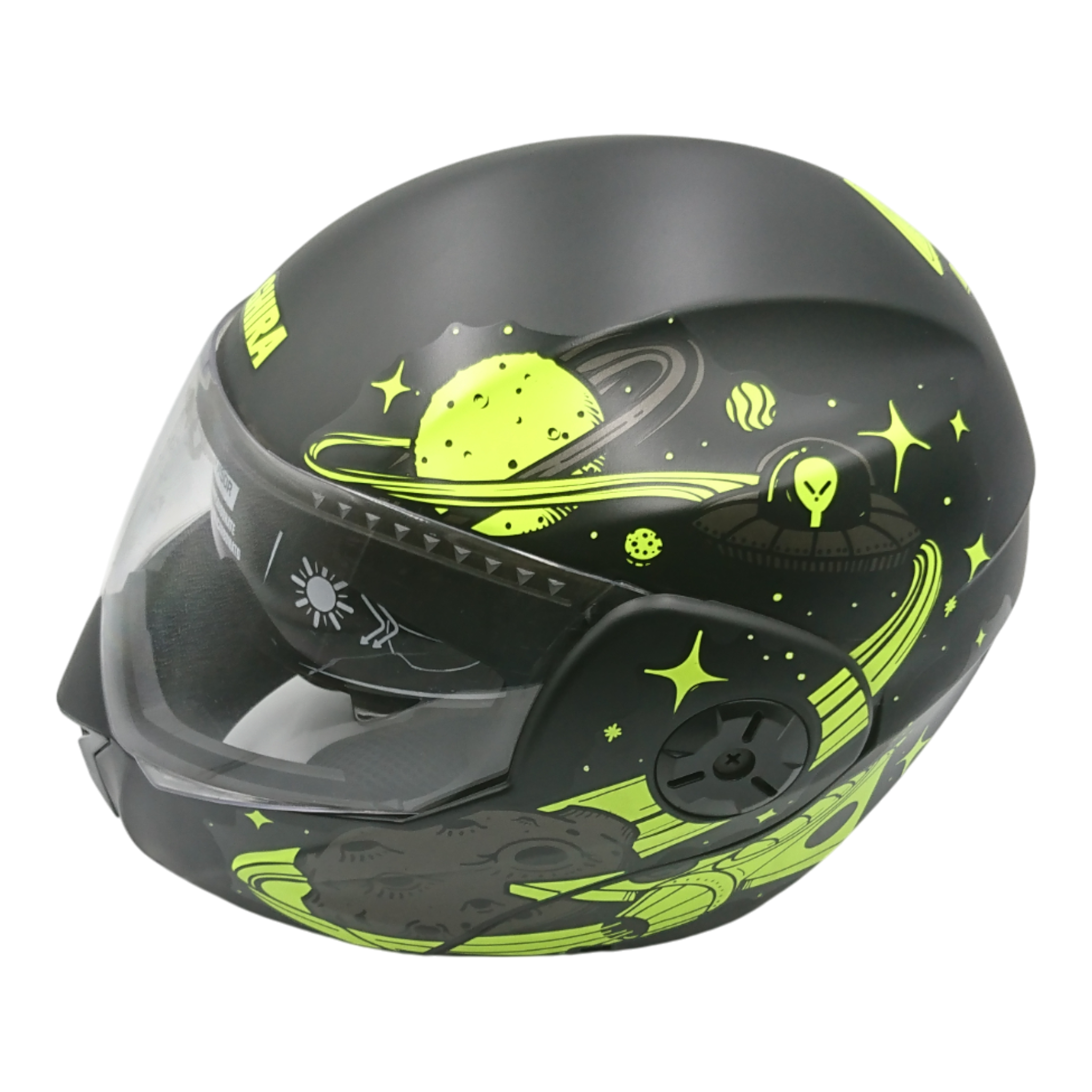 Casco marca Ghira para niño, Abatible color negro con adorno caricatura, talla S.