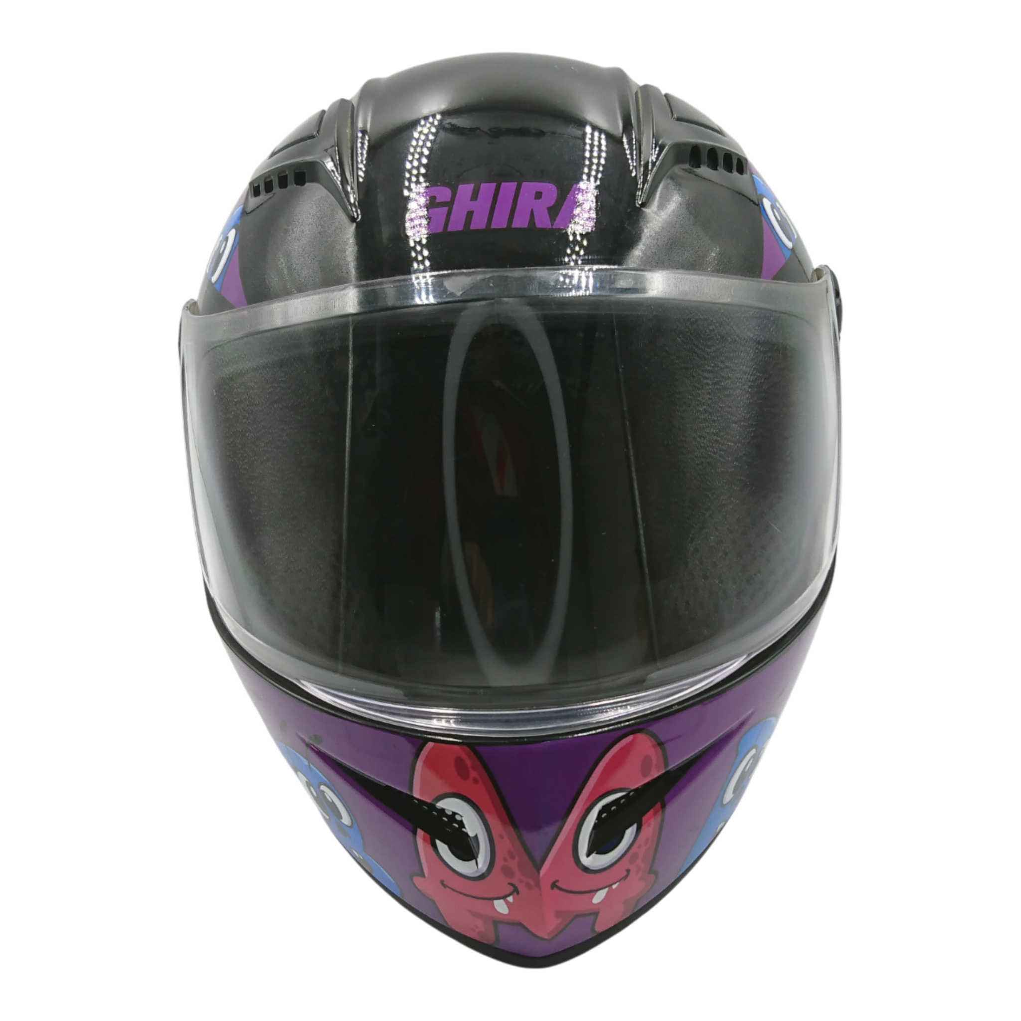 Casco marca Ghira para niño, color negro adorno caricatura, talla S.