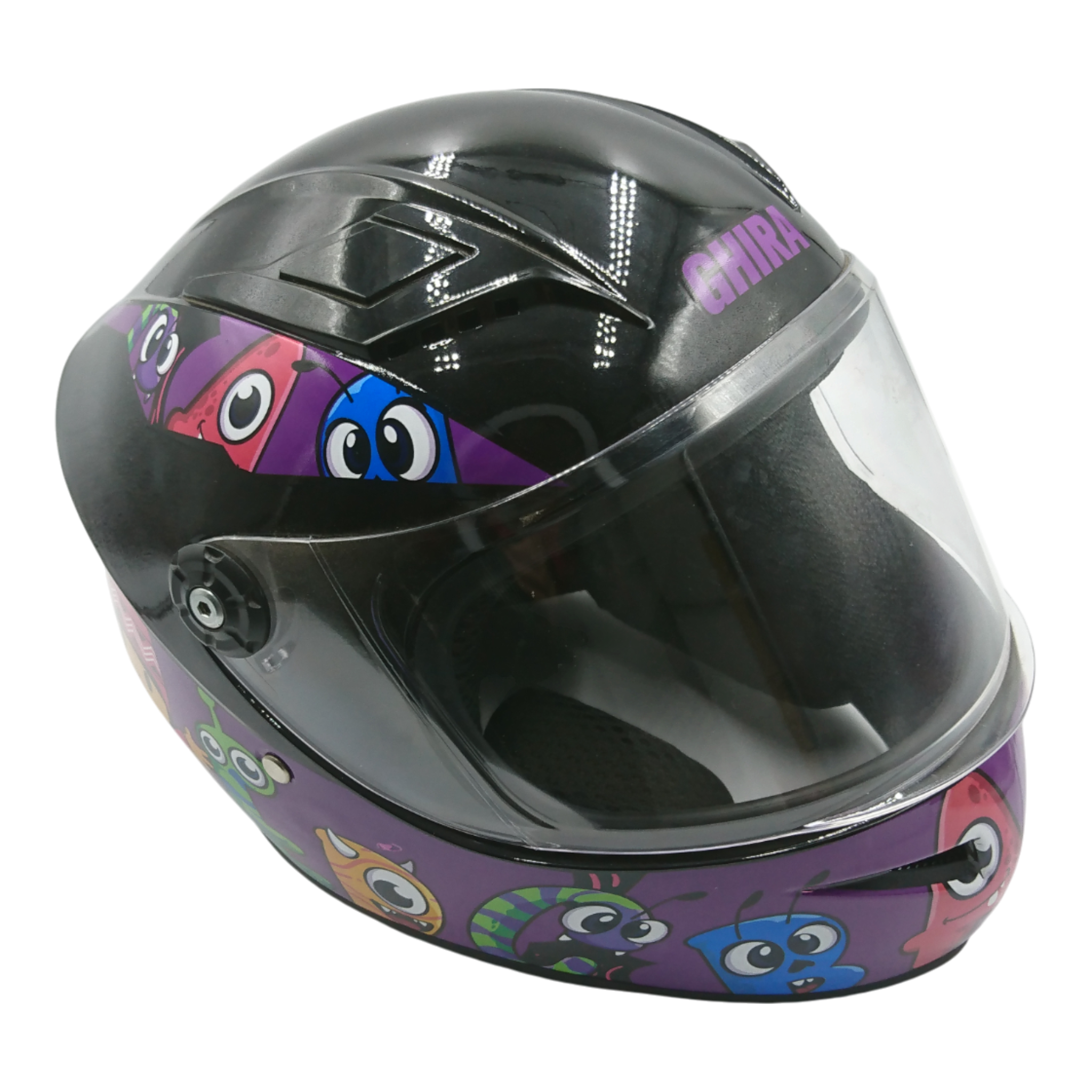 Casco marca Ghira para niño, color negro adorno caricatura, talla S.