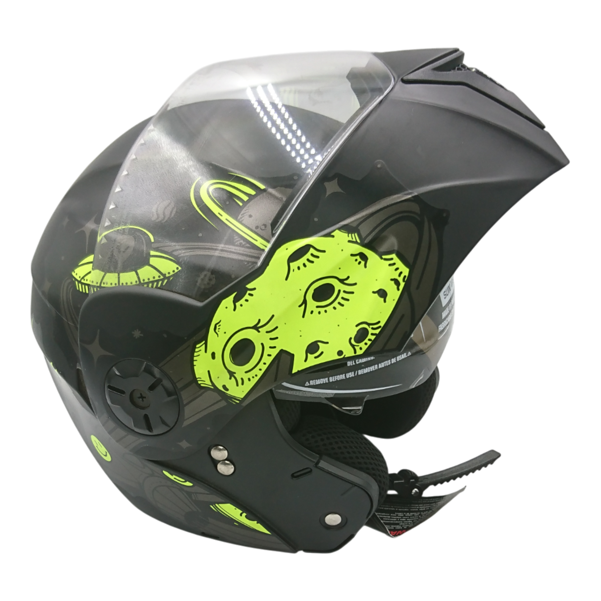 Casco marca Ghira para niño, Abatible color negro con adorno caricatura, talla S.