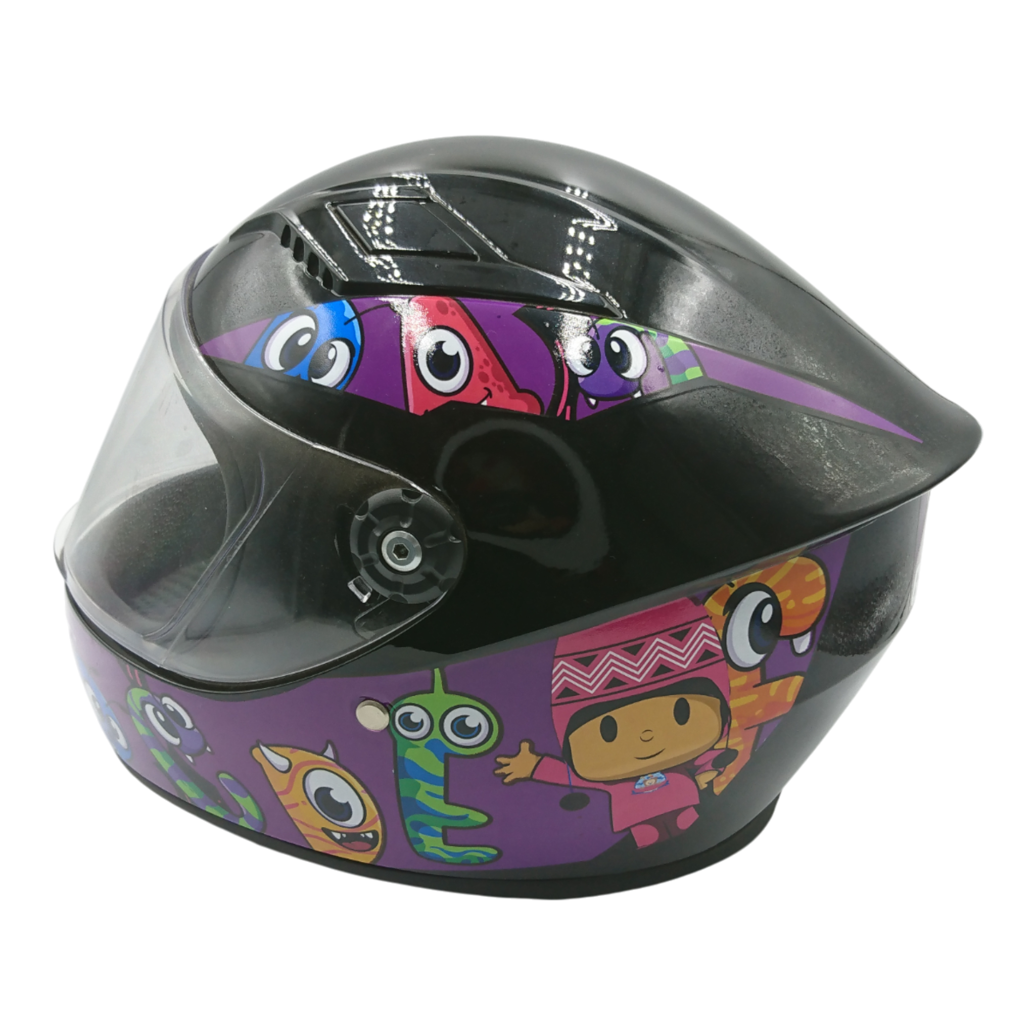 Casco marca Ghira para niño, color negro adorno caricatura, talla S.