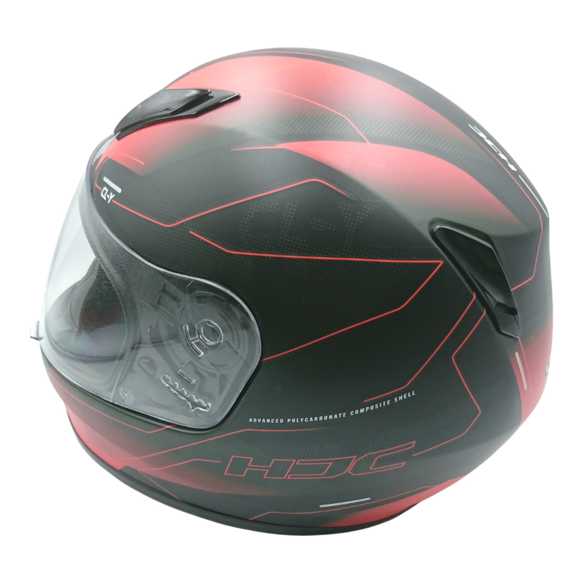 Casco marca HJC para niño, color negro con rojo, talla S.