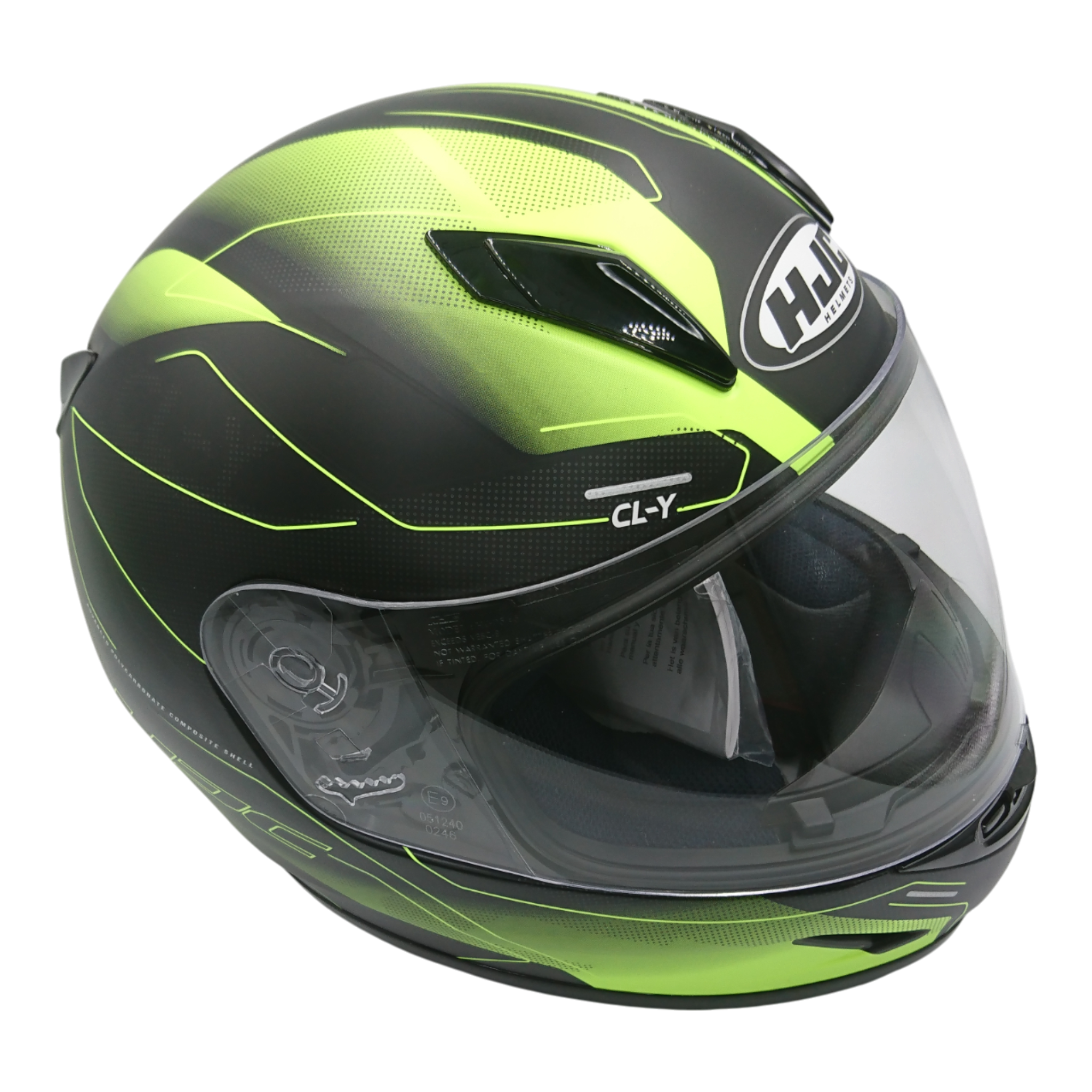 Casco marca HJC para niño, color negro con verde, talla S.