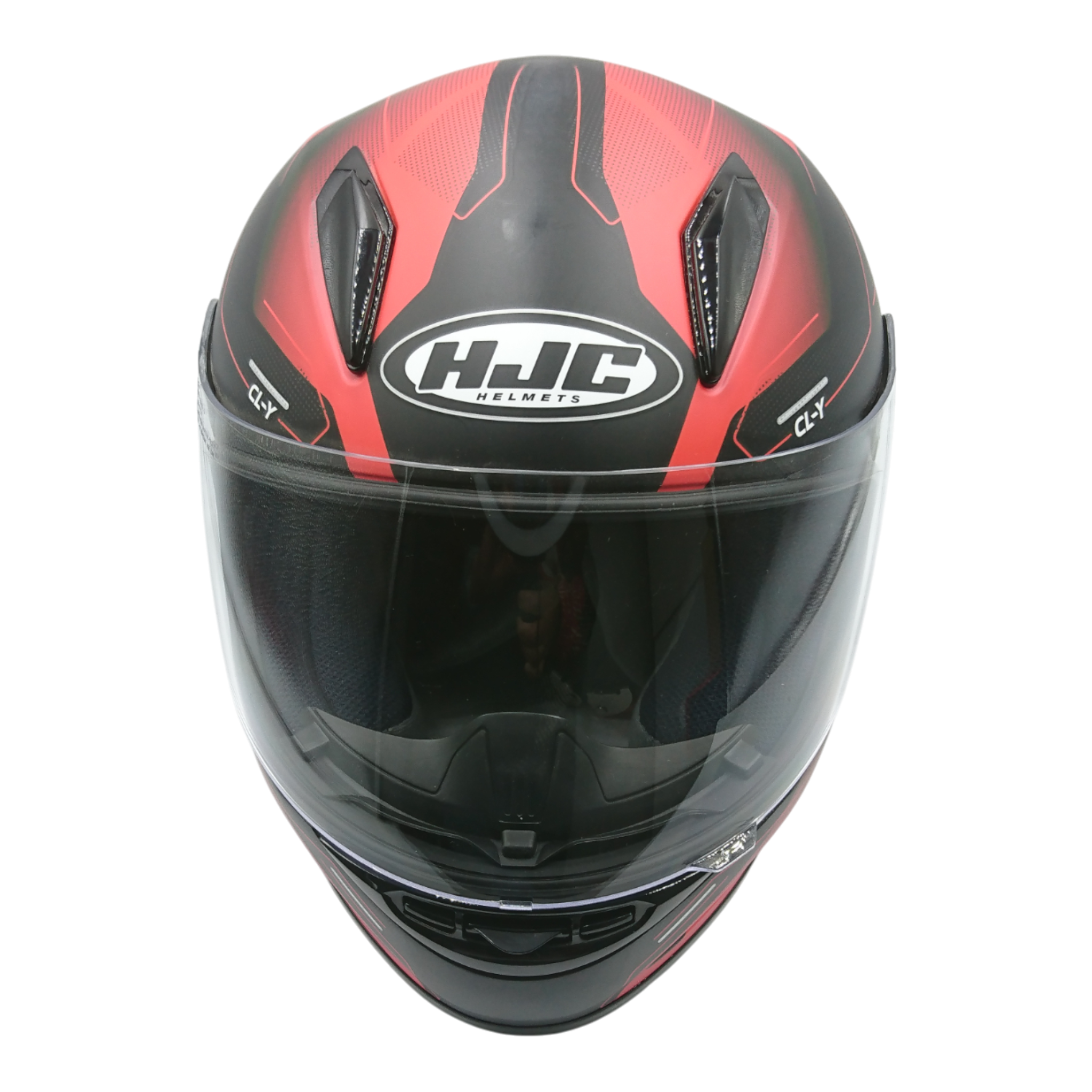 Casco marca HJC para niño, color negro con rojo, talla S.