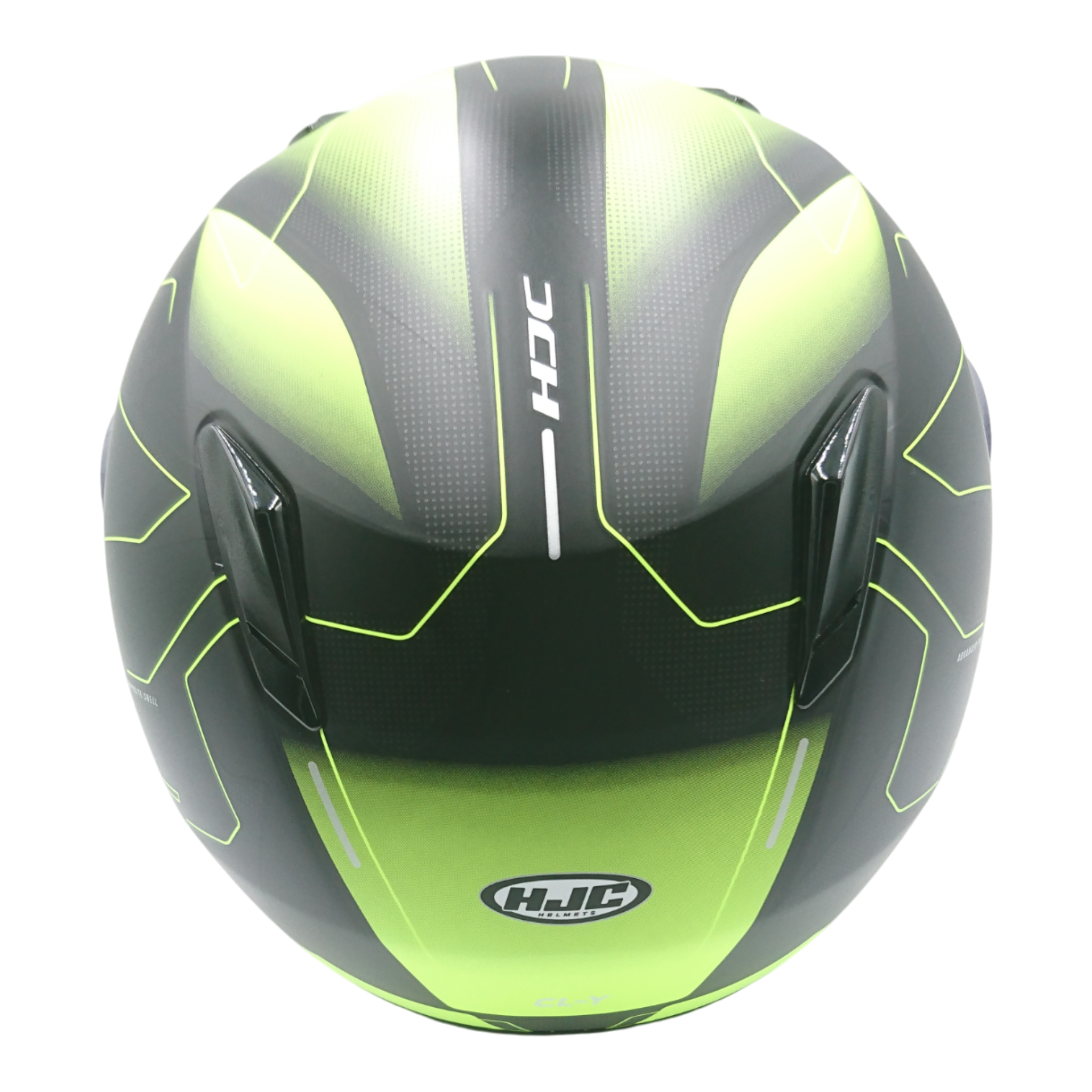 Casco marca HJC para niño, color negro con verde, talla S.