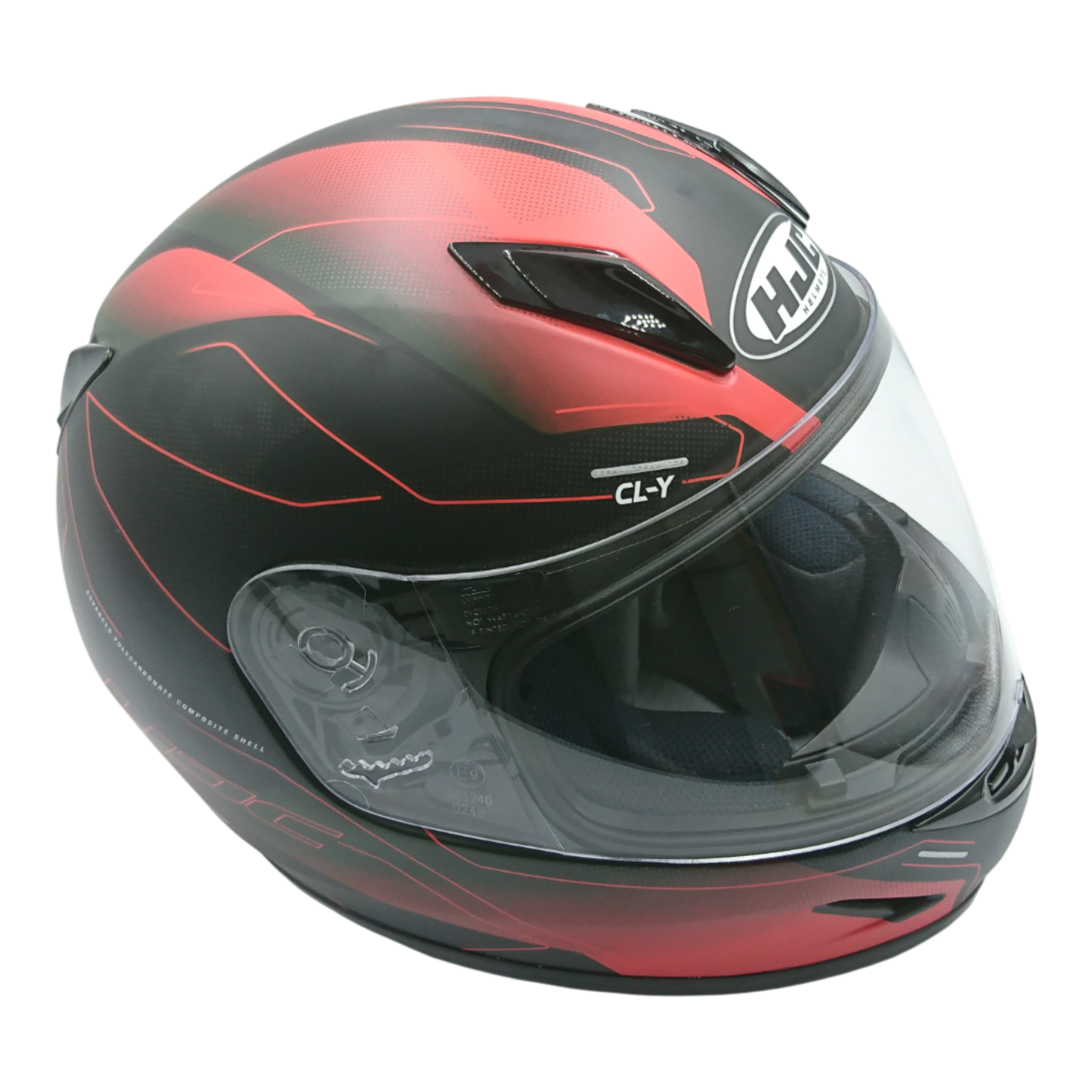 Casco marca HJC para niño, color negro con rojo, talla S.