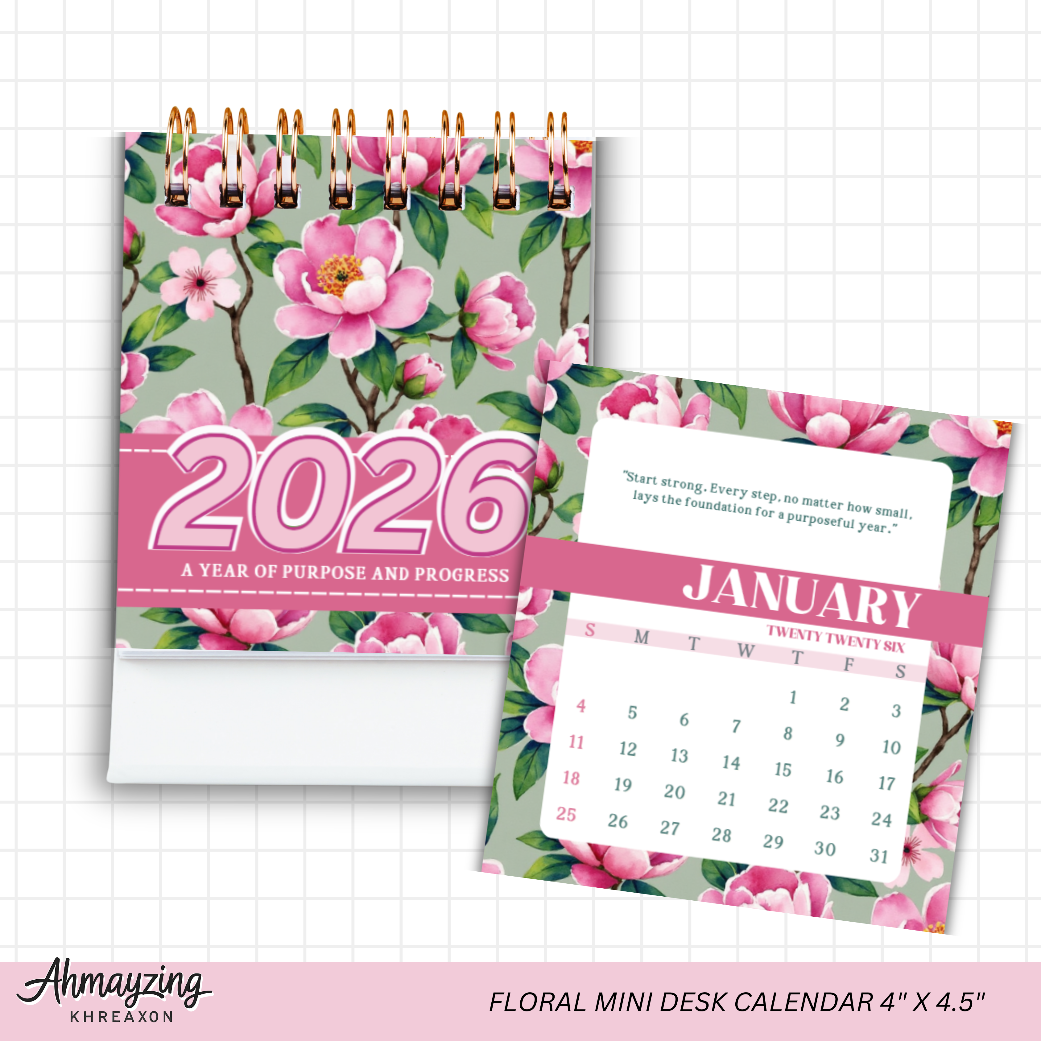 Floral Mini Desk Calendar 2026 — Editable Canva Template (4"x4.5")