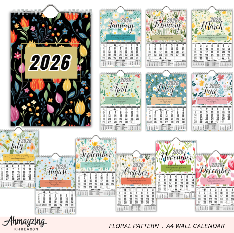 2026 Floral Pattern A4 Wall Calendar